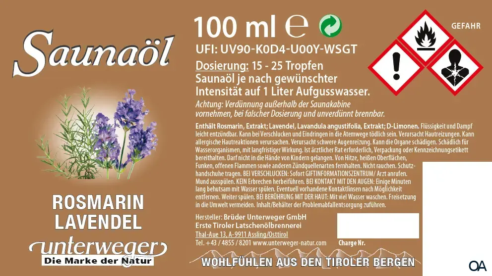 Unterweger Saunaöl Rosmarin Lavendel Unterweger Saunaöl Rosmarin Lavendel