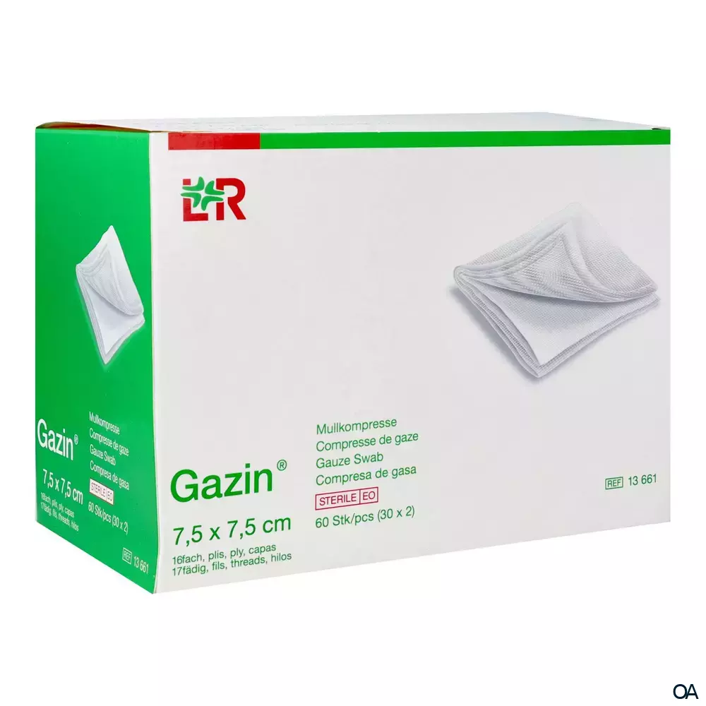 Gazin® Mullkompressen steril, 16-fach, 17-fädig, 7,5 x 7,5 cm, 30 x 2 Stück