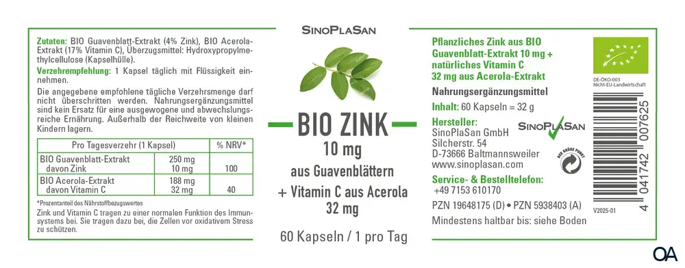 SinoPlaSan BIO Zink aus Guavenblättern + Vitamin C Kapseln SinoPlaSan BIO Zink aus Guavenblättern + Vitamin C Kapseln