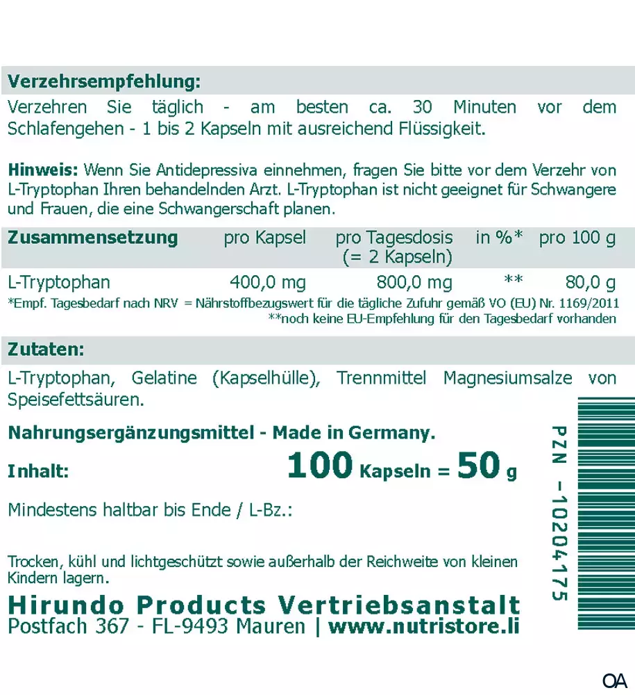 The Nutri Store L-Tryptophan 400 mg Kapseln The Nutri Store L-Tryptophan 400 mg Kapseln