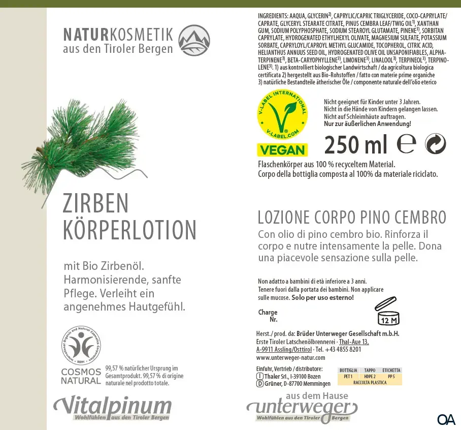 Unterweger Vitalpinum Zirben Körperlotion