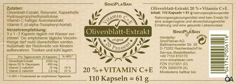 SinoPlaSan Olivenblatt-Extrakt 20 % Kapseln