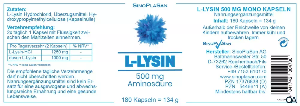 SinoPlaSan L-Lysin 500 mg MONO Kapseln SinoPlaSan L-Lysin 500 mg MONO Kapseln