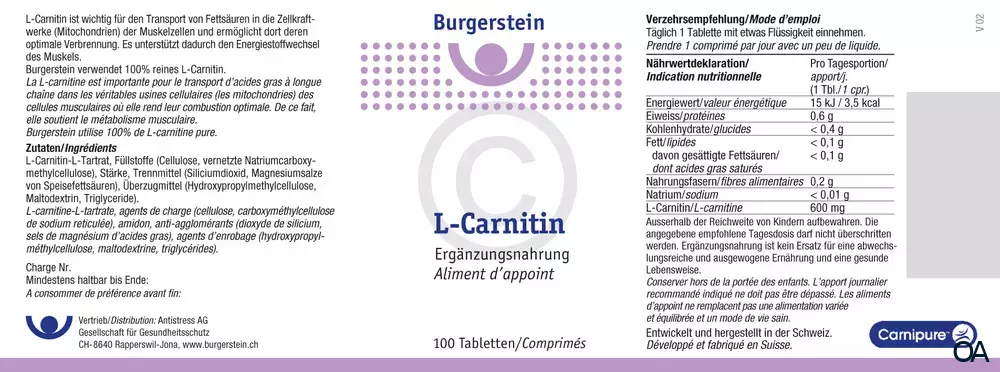Burgerstein L-Carnitin 600 mg Tabletten Burgerstein L-Carnitin 600 mg Tabletten