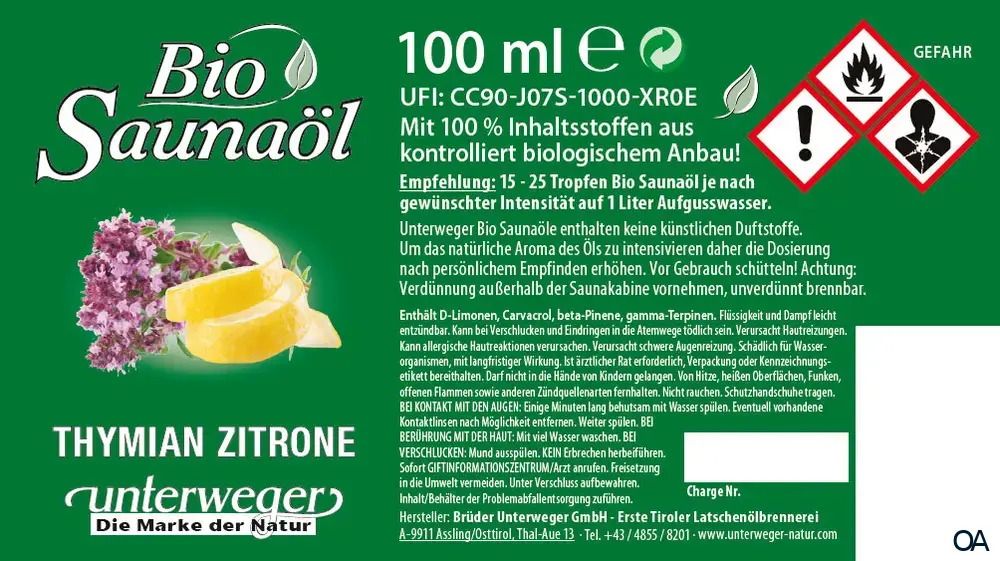 Unterweger Bio Saunaöl Thymian Zitrone Unterweger Bio Saunaöl Thymian Zitrone
