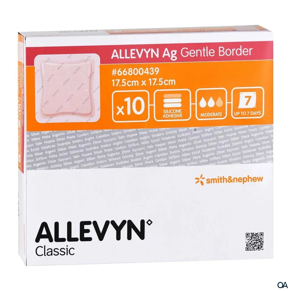 ALLEVYN Ag GENTLE BORDER haftender Silikon-Schaumverband steril, 17,5 x 17,5 cm