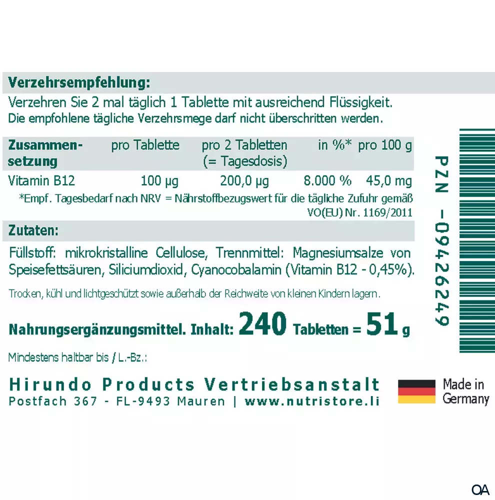 The Nutri Store Vitamin B12 100 µg vegane Tabletten The Nutri Store Vitamin B12 100 µg vegane Tabletten