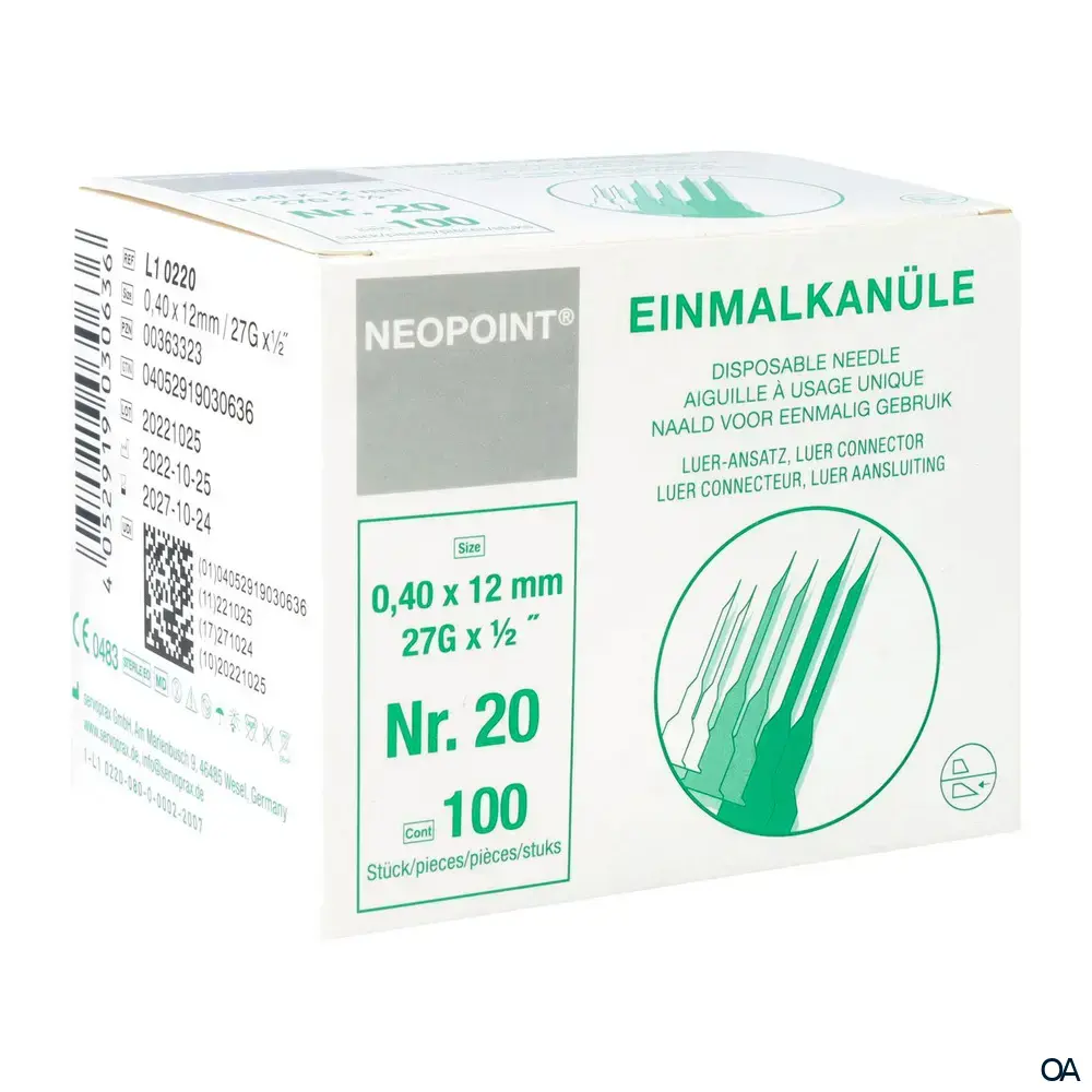 NEOPOINT® Einmalkanülen 27G x 1/2”, Nr. 20, Ø 0,4 mm x 12 mm, grau