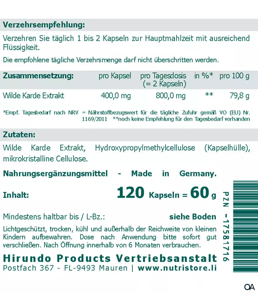 The Nutri Store Wilde Karde Extrakt Kapseln
