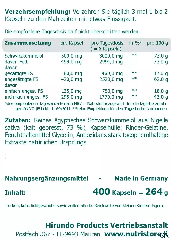 The Nutri Store Ägyptische Schwarzkümmelöl 500 mg Kapseln The Nutri Store Ägyptische Schwarzkümmelöl 500 mg Kapseln