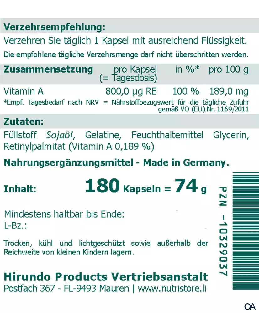 The Nutri Store Vitamin A 800 µg Augen-Kapseln The Nutri Store Vitamin A 800 µg Augen-Kapseln