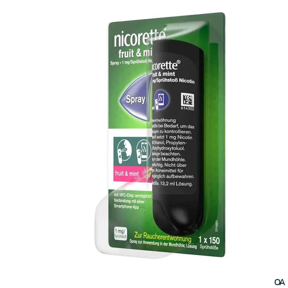 Nicorette® Fruit & Mint Spray 1 mg/Sprühstoß Spray zur Anwendung in der Mundhöhle, Lösung