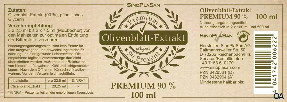 SinoPlaSan Olivenblattextrakt PREMIUM 90% flüssig SinoPlaSan Olivenblattextrakt PREMIUM 90% flüssig