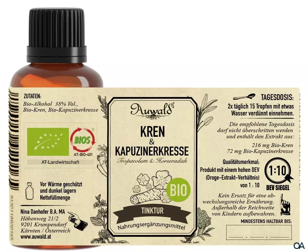 Auwald® Kren und Kapuzinerkresse - BIO Tropfen (Auszug, Extrakt, Essenz) Auwald® Kren und Kapuzinerkresse - BIO Tropfen (Auszug, Extrakt, Essenz)