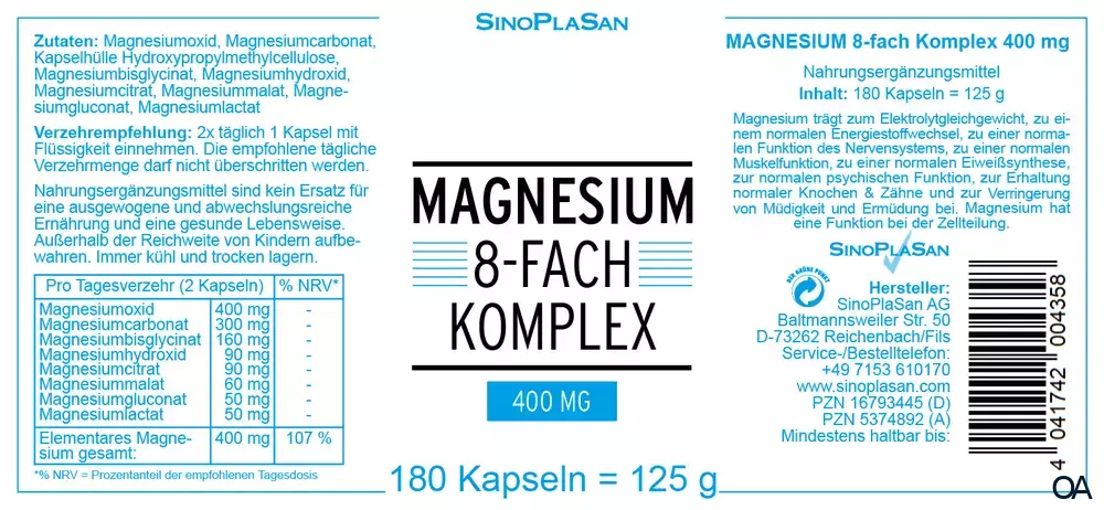SinoPlaSan Magnesium 8-fach Komplex 400 mg Kapseln SinoPlaSan Magnesium 8-fach Komplex 400 mg Kapseln