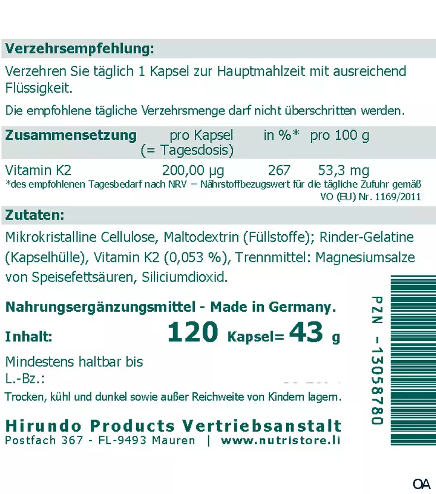 The Nutri Store Vitamin K2 200 µg Kapseln The Nutri Store Vitamin K2 200 µg Kapseln