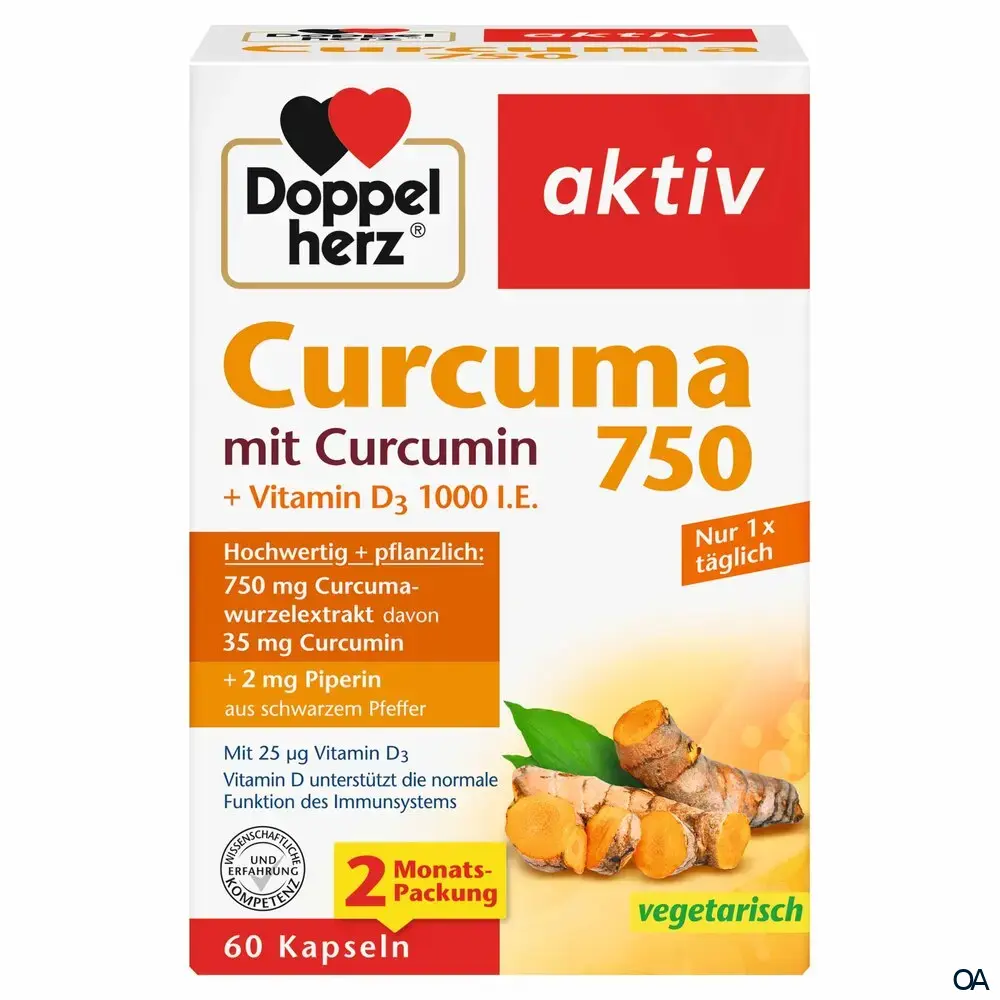 Doppelherz aktiv Curcuma 750 mit Curcumin + Vitamin D3 1000 I.E. Kapseln