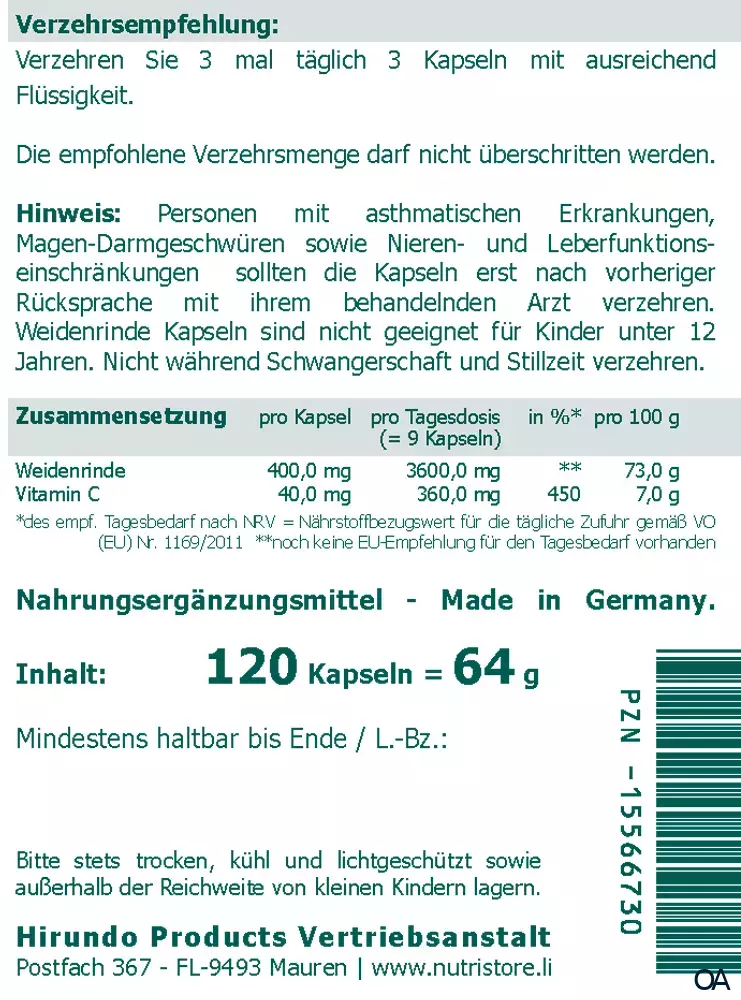The Nutri Store Weidenrinde 400 mg Kapseln The Nutri Store Weidenrinde 400 mg Kapseln