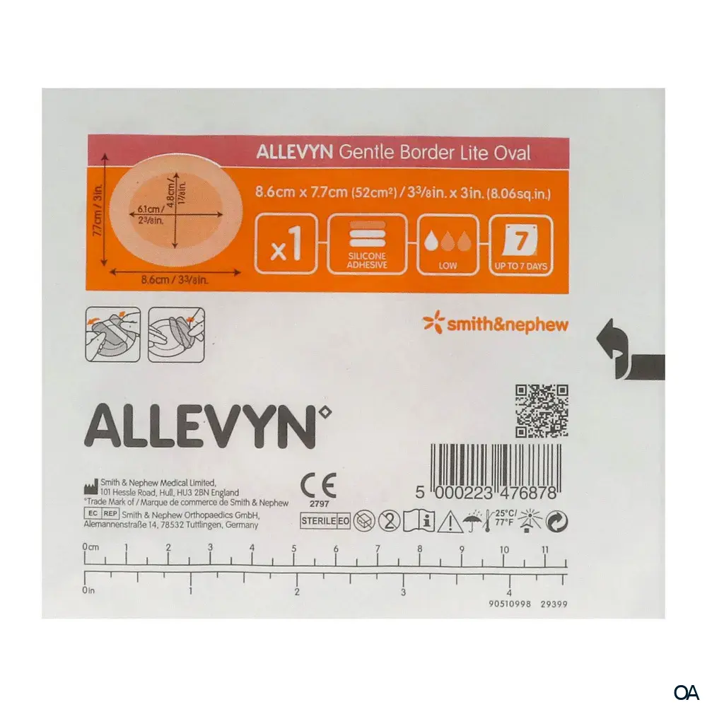ALLEVYN GENTLE BORDER LITE Oval haftender Silikon-Schaumverband steril, 8,6 x 7,7 cm (52 cm²)