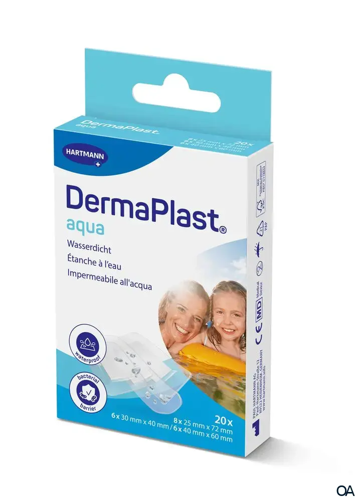DermaPlast® Aqua Pflaster wasserfest Family Packung Strips, einzeln verpackt 3 Grössen, assortiert