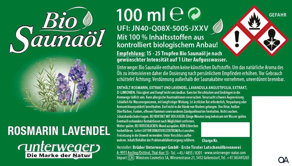 Unterweger Bio Saunaöl Rosmarin Lavendel