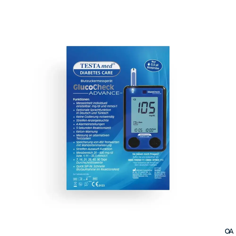TESTAmed® DIABETES CARE GlucoCheck Advance Blutzuckermessgerät mg/dl mmol/l Voice TESTAmed® DIABETES CARE GlucoCheck Advance Blutzuckermessgerät mg/dl mmol/l Voice
