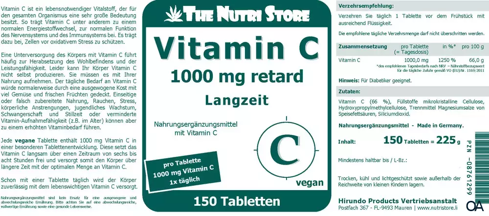 The Nutri Store Vitamin C 1000 mg retard Langzeit Tabletten The Nutri Store Vitamin C 1000 mg retard Langzeit Tabletten