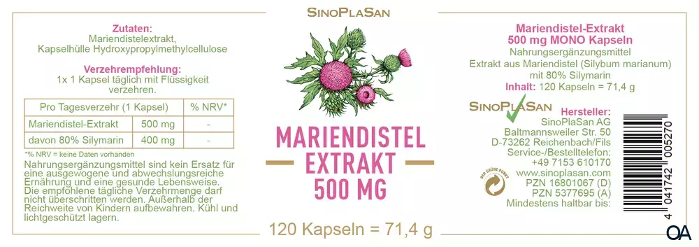 SinoPlaSan Mariendistelextrakt 500 mg MONO Kapseln SinoPlaSan Mariendistelextrakt 500 mg MONO Kapseln