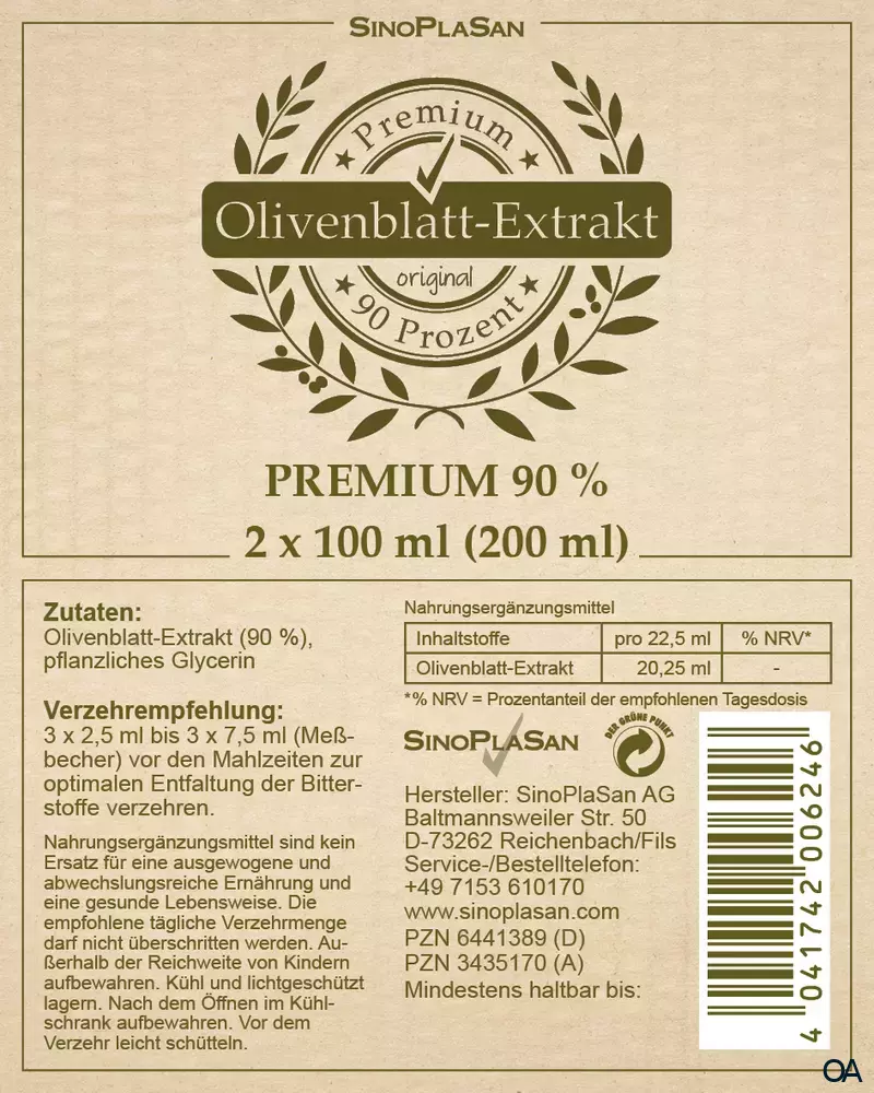 SinoPlaSan Olivenblattextrakt PREMIUM 90% flüssig SinoPlaSan Olivenblattextrakt PREMIUM 90% flüssig