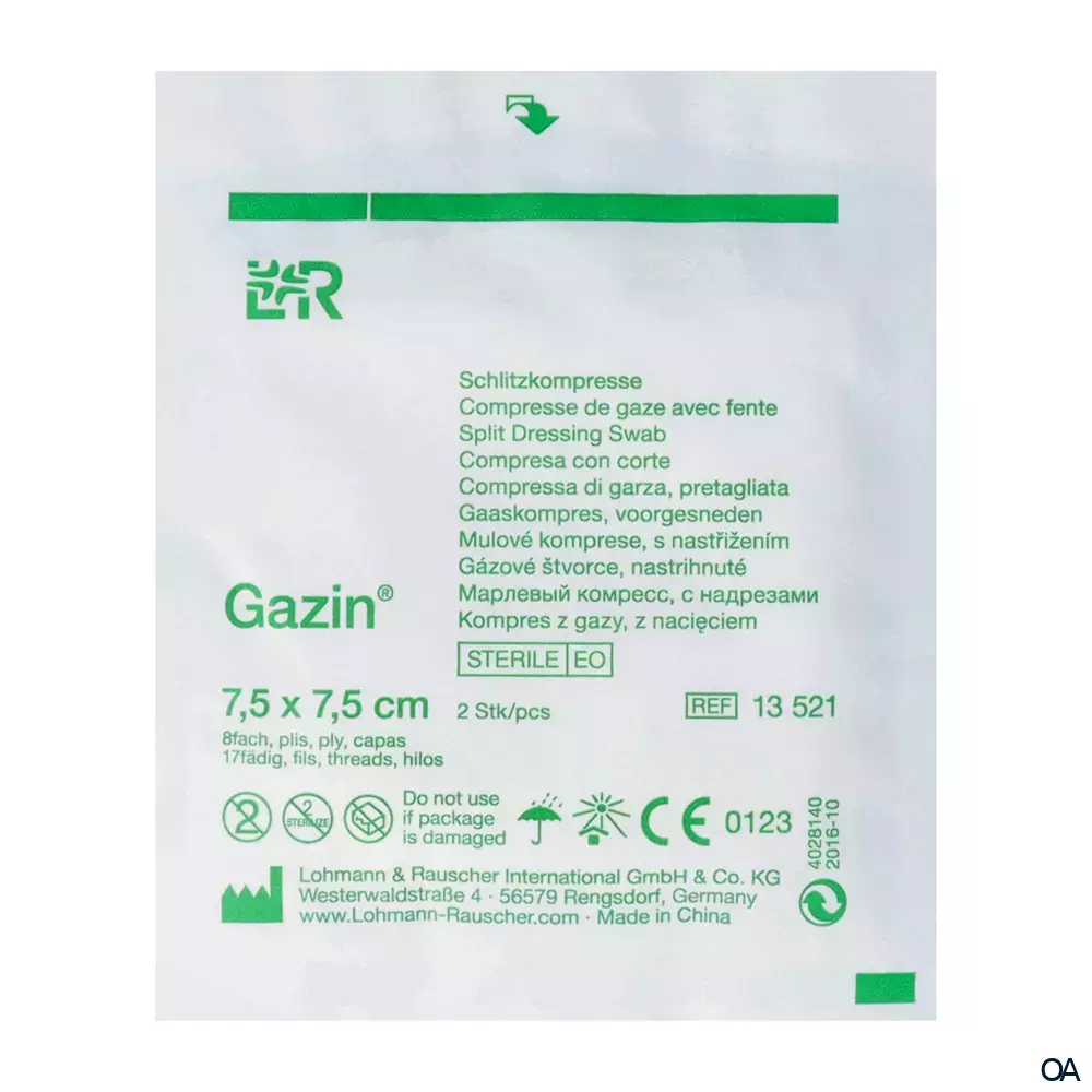 Gazin® Schlitzkompressen mit Y-Einschnitt steril, 8-fach, 17-fädig, 7,5 x 7,5 cm Gazin® Schlitzkompressen mit Y-Einschnitt steril, 8-fach, 17-fädig, 7,5 x 7,5 cm