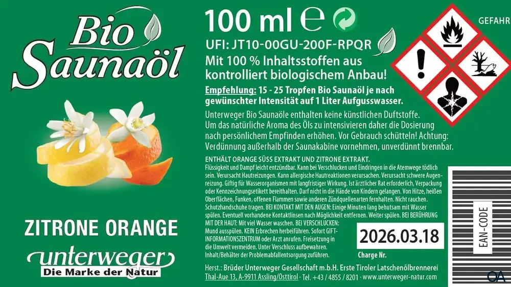 Unterweger Bio Saunaöl Zitrone Orange Unterweger Bio Saunaöl Zitrone Orange