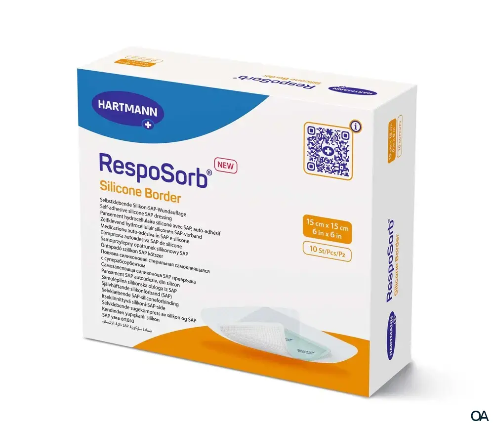 RespoSorb® Silicone Border selbsthaftende superabsorbierende Saugkompresse mit Silikonwundkontaktschicht steril, 15 x 15 cm RespoSorb® Silicone Border selbsthaftende superabsorbierende Saugkompresse mit Silikonwundkontaktschicht steril, 15 x 15 cm
