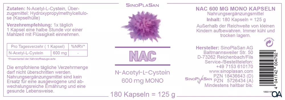 SinoPlaSan NAC N-Acetyl-L-Cystein 600 mg MONO Kapseln SinoPlaSan NAC N-Acetyl-L-Cystein 600 mg MONO Kapseln