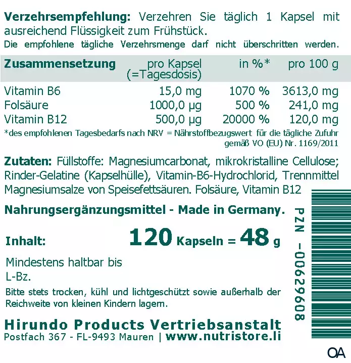 The Nutri Store Folsäure plus B12 + B6 Kapseln The Nutri Store Folsäure plus B12 + B6 Kapseln