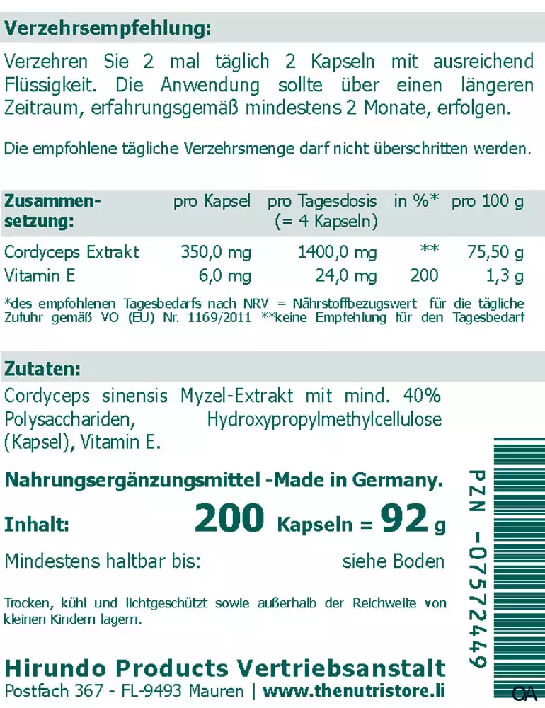 The Nutri Store Raupenpilz Cordyceps Extrakt Kapseln