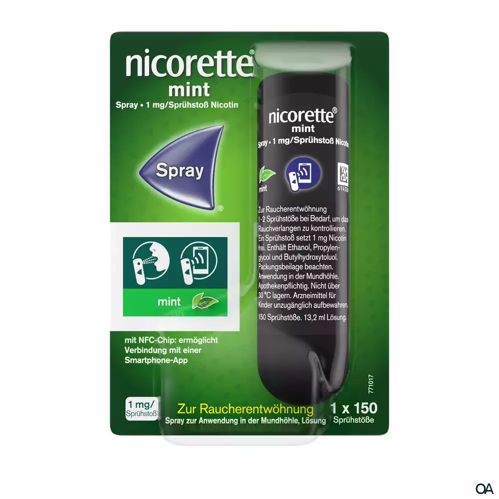 Nicorette Mint Spray 1 mg/Sprühstoß Spray zur Anwendung in der Mundhöhle, Lösung Nicorette Mint Spray 1 mg/Sprühstoß Spray zur Anwendung in der Mundhöhle, Lösung