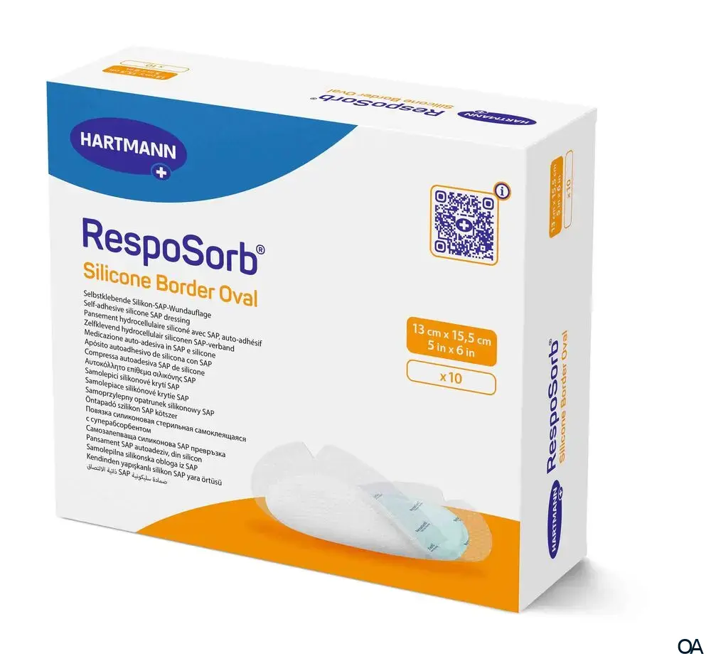 RespoSorb® Silicone Border Oval selbsthaftende superabsorbierende Saugkompresse mit Silikonwundkontaktschicht steril, 13 x 15,5 cm RespoSorb® Silicone Border Oval selbsthaftende superabsorbierende Saugkompresse mit Silikonwundkontaktschicht steril, 13 x 15,5 cm