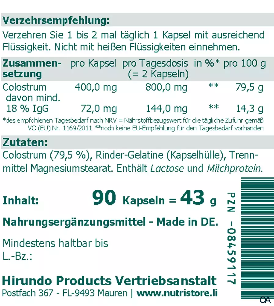 The Nutri Store Colostrum IgG Kapseln The Nutri Store Colostrum IgG Kapseln