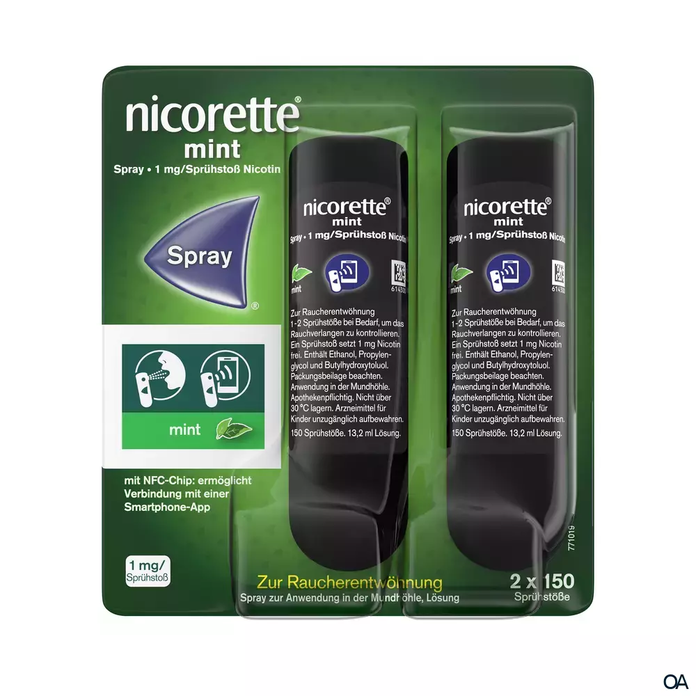 Nicorette Mint Spray 1 mg/Sprühstoß Spray zur Anwendung in der Mundhöhle, Lösung Nicorette Mint Spray 1 mg/Sprühstoß Spray zur Anwendung in der Mundhöhle, Lösung