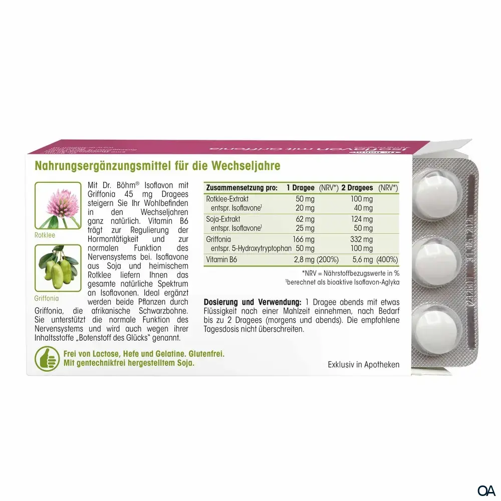 Dr. Böhm® Isoflavon mit Griffonia 45 mg Dragees Dr. Böhm® Isoflavon mit Griffonia 45 mg Dragees
