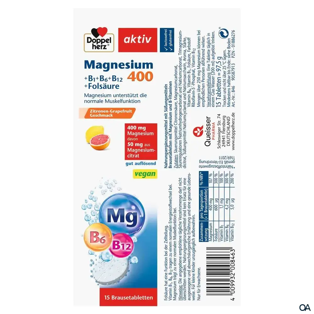 Doppelherz aktiv Magnesium 400 Brausetabletten + B1 + B6 + B12 + Folsäure Doppelherz aktiv Magnesium 400 Brausetabletten + B1 + B6 + B12 + Folsäure