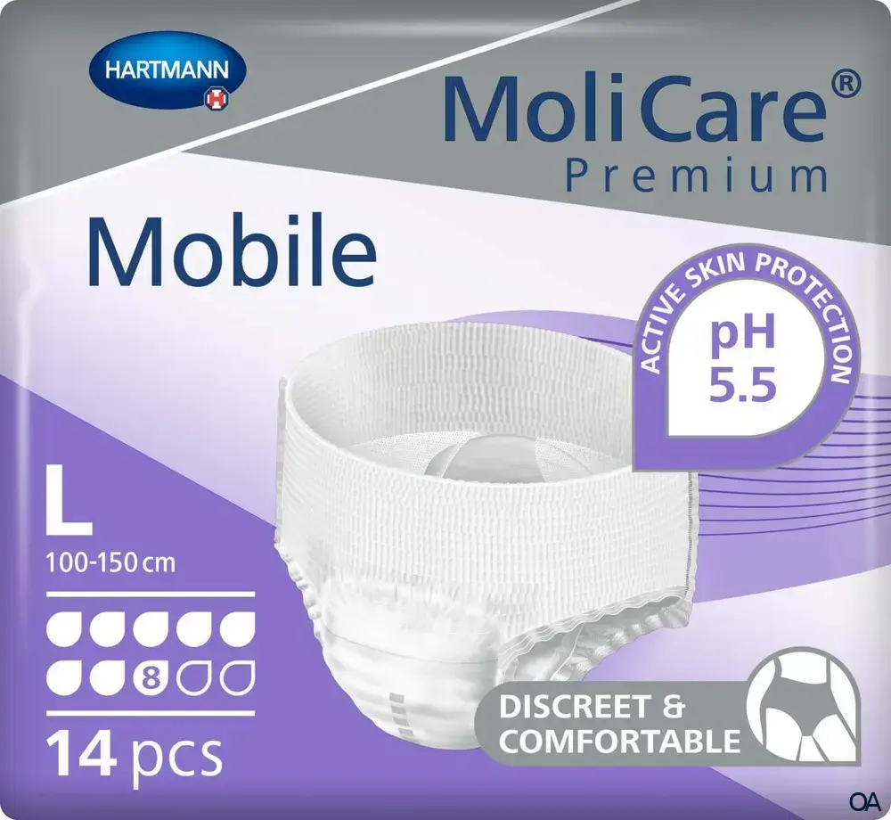 MoliCare® Premium Mobile 8 Tropfen Inkontinenz-Einweghosen, Größe L, 100-150 cm MoliCare® Premium Mobile 8 Tropfen Inkontinenz-Einweghosen, Größe L, 100-150 cm
