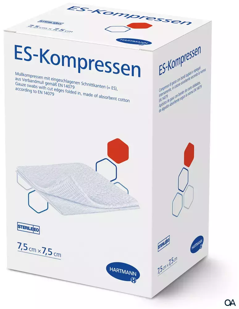 ES-Kompressen 8fach, steril eingesiegelt zu 2 Stück, 7,5 x 7,5 cm ES-Kompressen 8fach, steril eingesiegelt zu 2 Stück, 7,5 x 7,5 cm