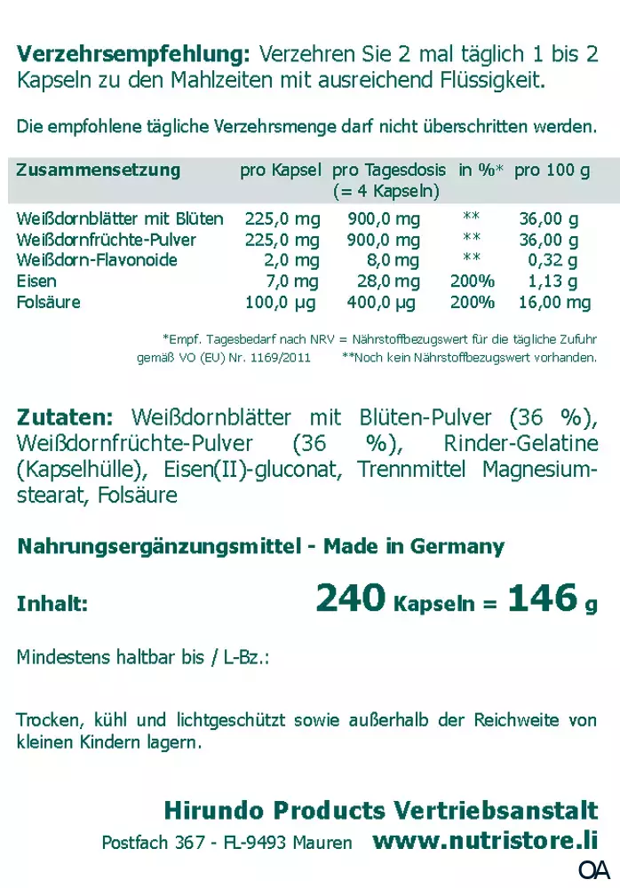 The Nutri Store Weißdorn Crataegus 500 mg Kapseln