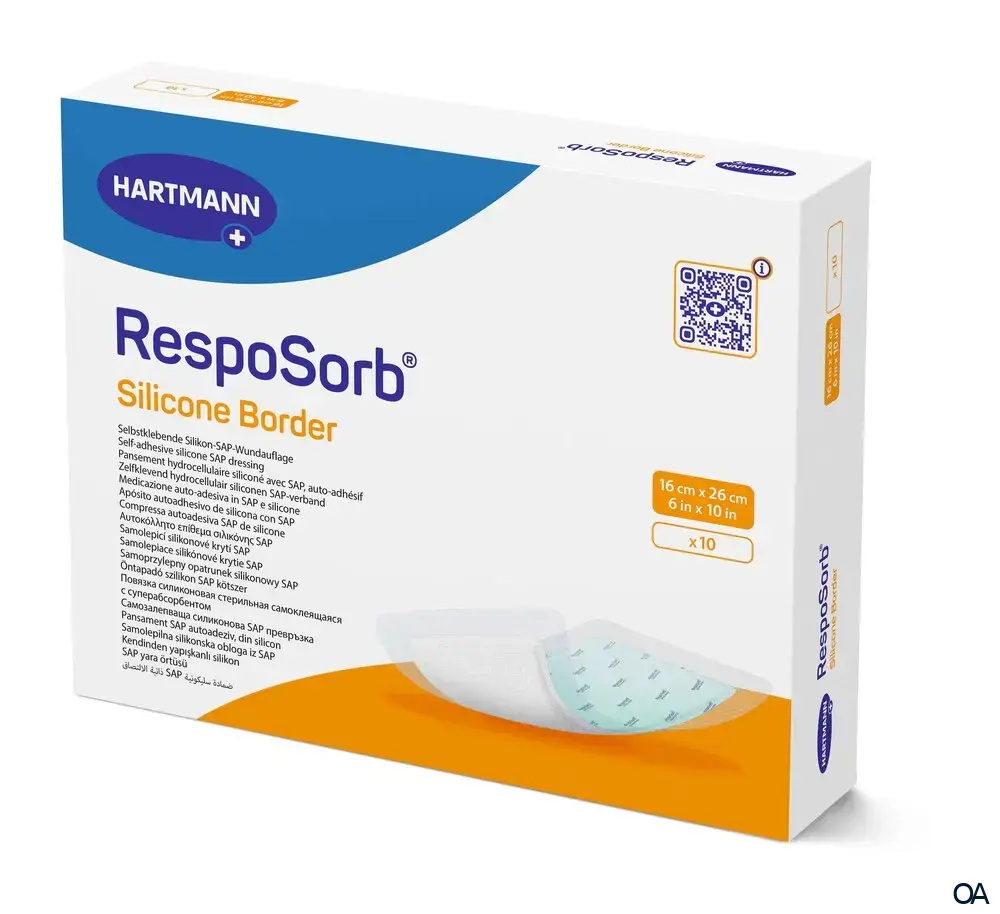 RespoSorb® Silicone Border selbsthaftende superabsorbierende Saugkompresse mit Silikonwundkontaktschicht steril, 16 x 26 cm RespoSorb® Silicone Border selbsthaftende superabsorbierende Saugkompresse mit Silikonwundkontaktschicht steril, 16 x 26 cm