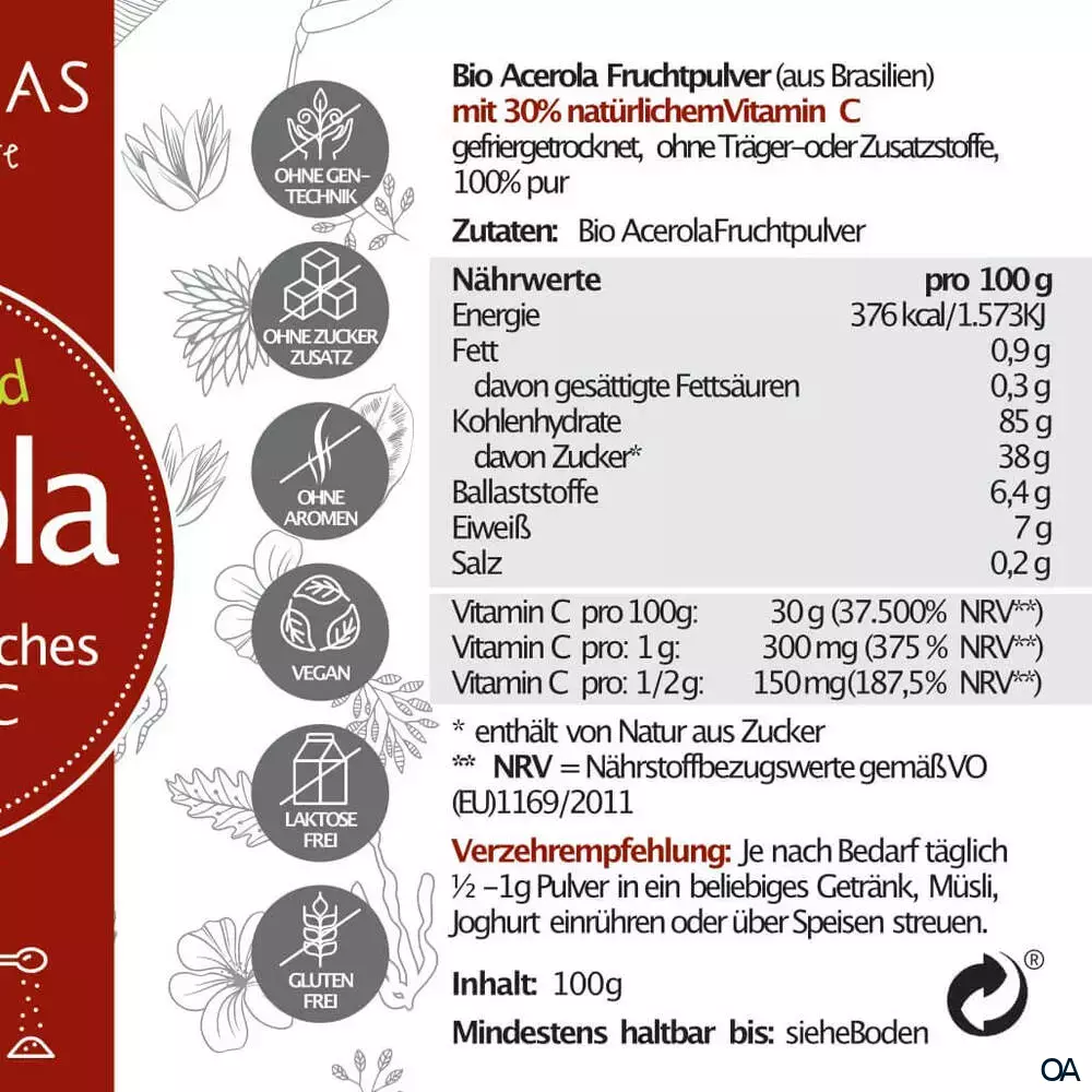 AMAZONAS BIO Acerola Vitamin C Fruchtpulver mit 30% natürlichem Vitamin C AMAZONAS BIO Acerola Vitamin C Fruchtpulver mit 30% natürlichem Vitamin C