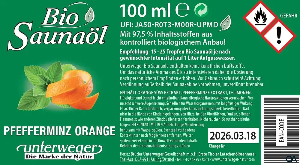 Unterweger Bio Saunaöl Pfefferminz Orange Unterweger Bio Saunaöl Pfefferminz Orange
