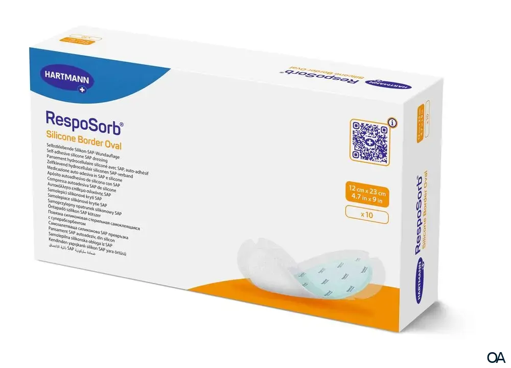RespoSorb® Silicone Border Oval selbsthaftende superabsorbierende Saugkompresse mit Silikonwundkontaktschicht steril, 12 x 23 cm