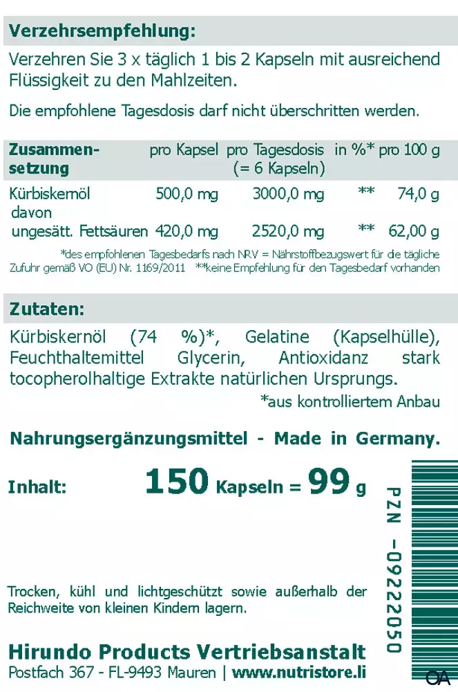 The Nutri Store Kürbiskernöl Kapseln The Nutri Store Kürbiskernöl Kapseln