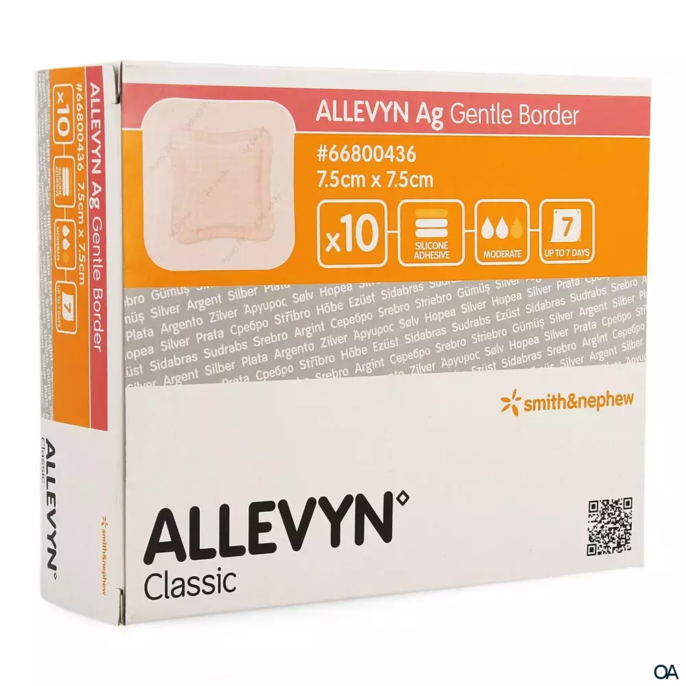 ALLEVYN Ag GENTLE BORDER haftender Silikon-Schaumverband steril, 7,5 x 7,5 cm ALLEVYN Ag GENTLE BORDER haftender Silikon-Schaumverband steril, 7,5 x 7,5 cm